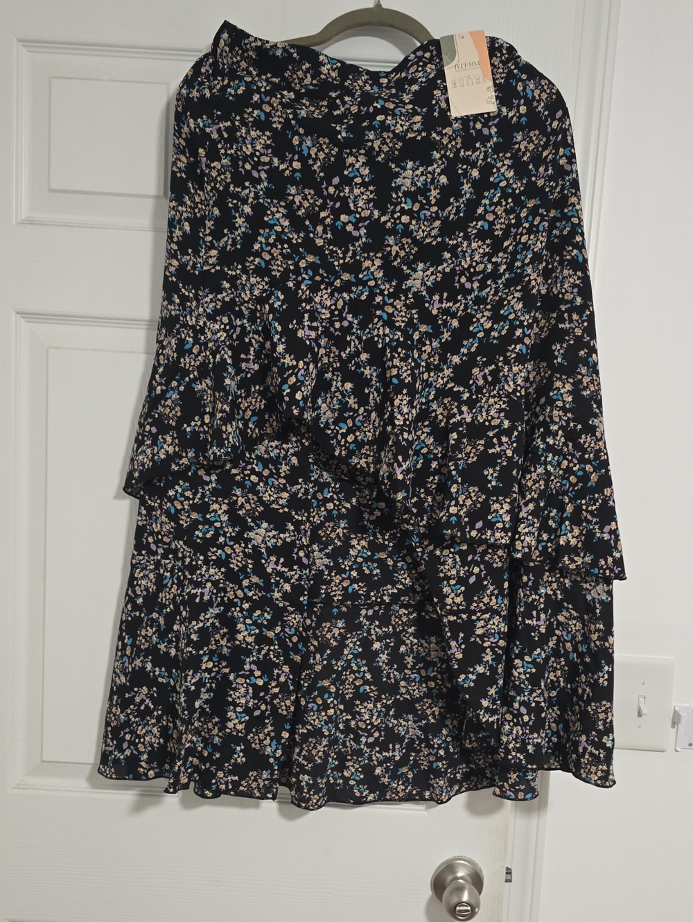 Black Floral Tiered High-Low Skirt with Blue & Cream Sprigs